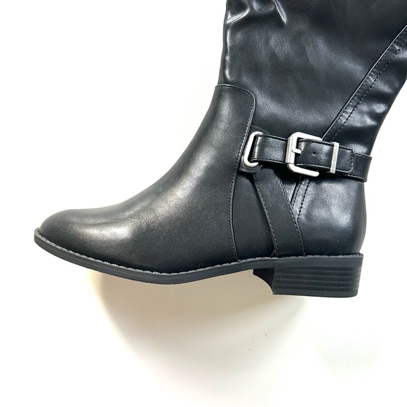 St. John's Bay Black Leather Roslyn Wide Width Calf Stacked Heel Riding Boots - Picture 2 of 8